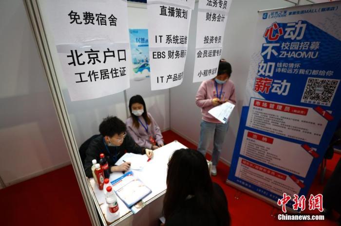 資料圖：高校學生與招聘單位工作人員交流。中新社記者 富田 攝